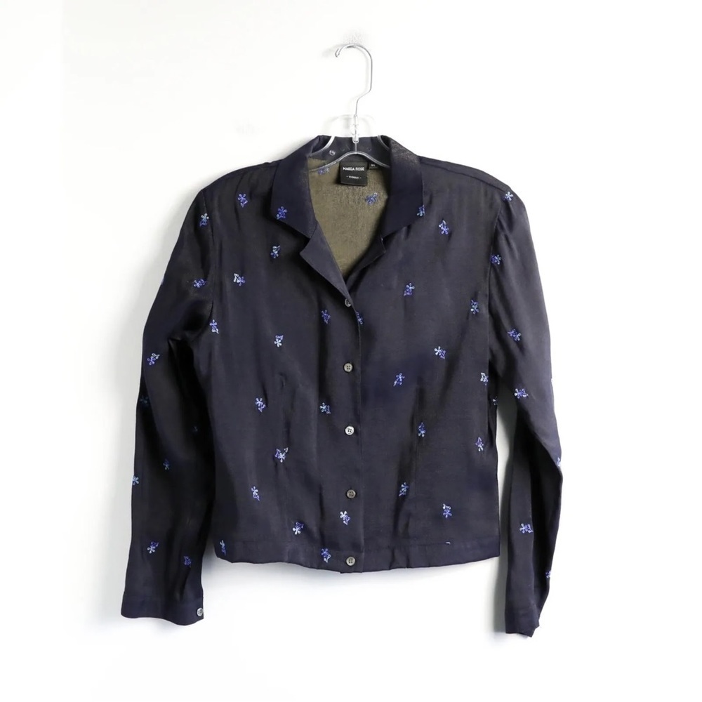 Magda Rose Vienna crop shirt embroidered top S Small floral shiny 36 4 chambray